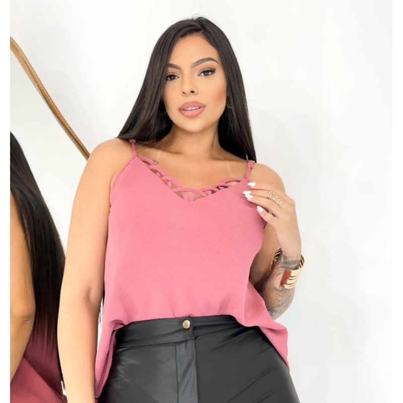🖤 Blusa Feminina Regata Tecido Duna com Decote Trançado  - Moda Casual Elegante M G GG
