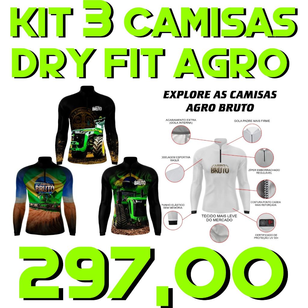 Kit 3 Camisa Camiseta Agro Fazenda Máquina Proteção Solar50+ CARIOCA ADESIVOS