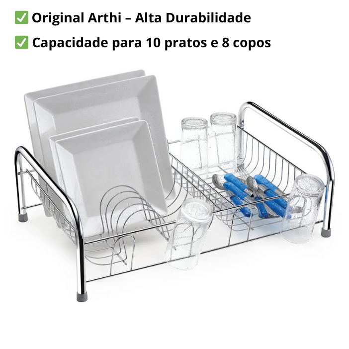 Escorredor de Louças Arthi Maxximo Cromado – 10 Pratos + 8 Copos – Moderno e Resistente em Oferta na Shopee