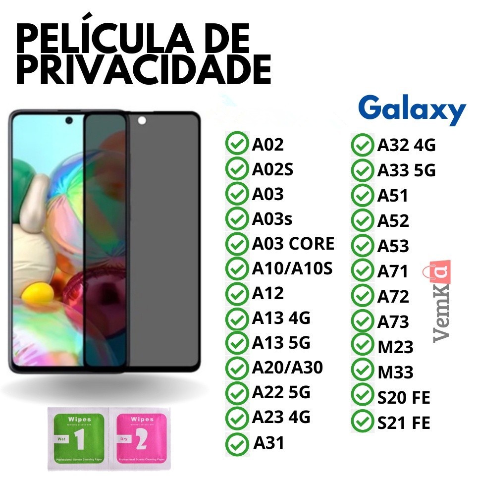 Película De Vidro 3D Privativa Anti Spy Para Samsung Galaxy  A32 4G A33 5G A51 A52 A53 A71 A72 A73 M23 M33 S20 FE S21 FE