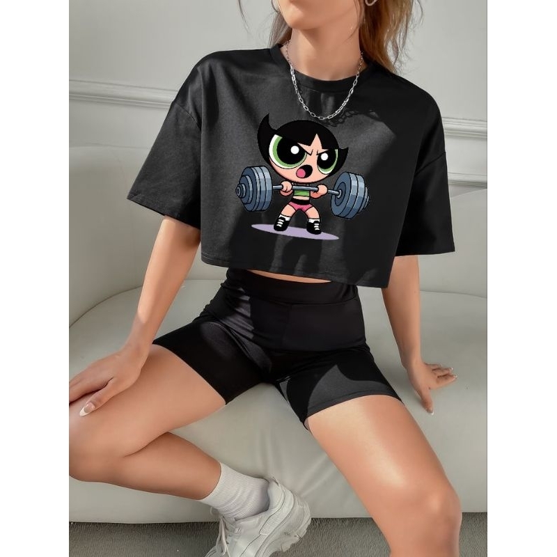 Cropped camiseta camisa blusa feminina preta manga curta gola redonda estampado meninas super pds 2 academia plus size — imagem 2 de 2