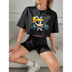 Cropped camiseta camisa blusa feminina preta manga curta gola redonda estampado meninas super pds 2 academia plus size