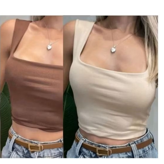 Kit 2 Cropped  Blusinha Suplex Alça Larga Gola Quadrada Decote Moda Blogueira Feminina Estilosa Tendência Verão 2025