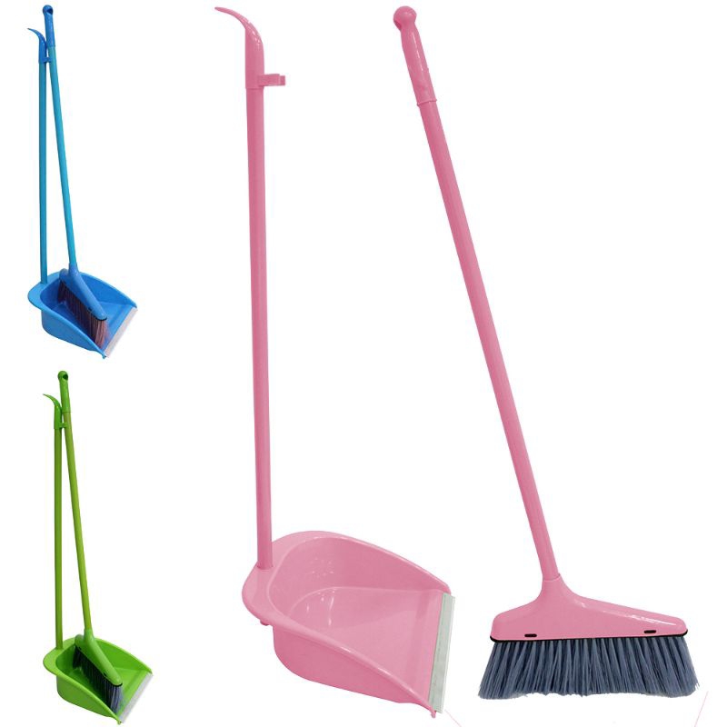 Kit com Vassoura e Pá Cabo Longo Rosa, Azul e Verde