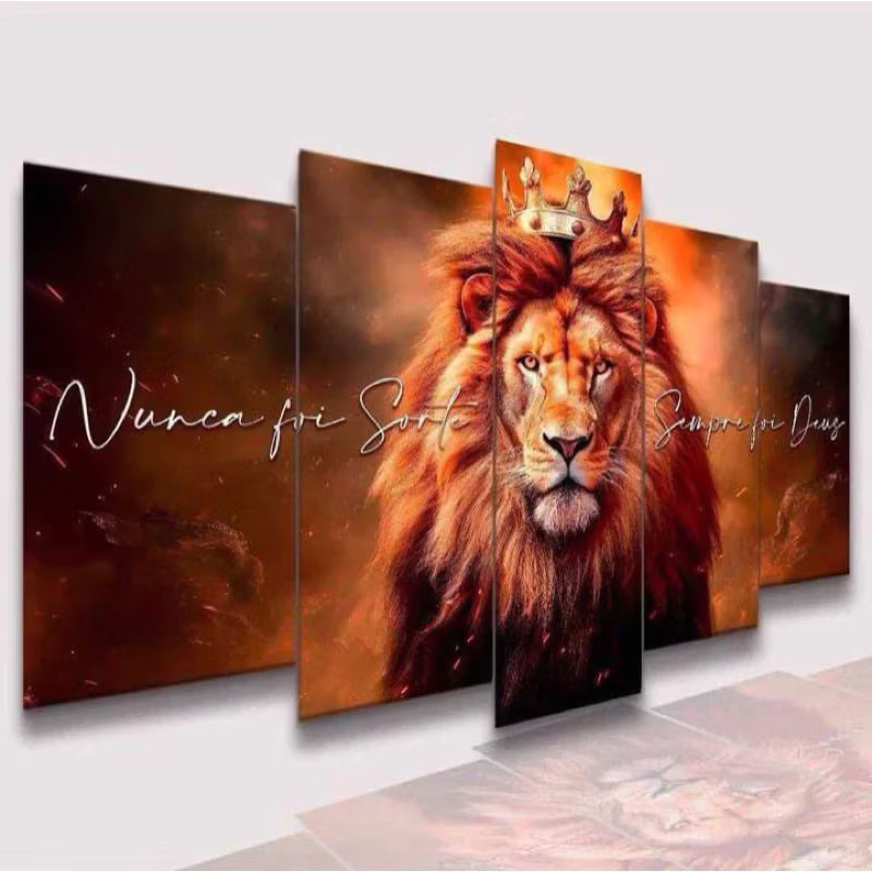 Conjunto Quadro Decorativo Mosaico 55x35 Jesus Cristo Leão de Juda Kit para Parede Sala e Quarto