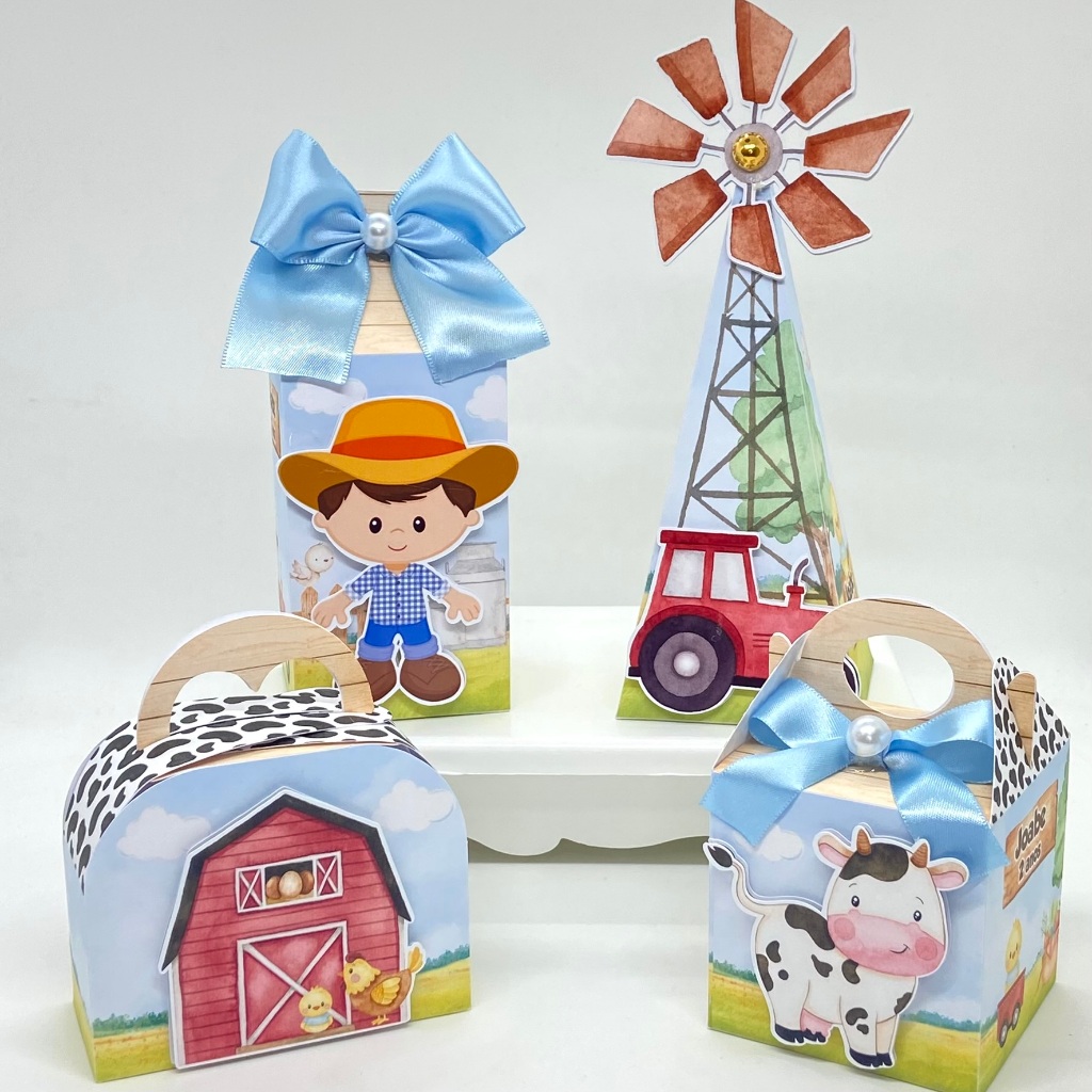 Kit Festa Fazendinha Menino / Lembrancinhas / Caixinhas Personalizadas / Festa / Aniversário / Caixa Milk Pirâmide