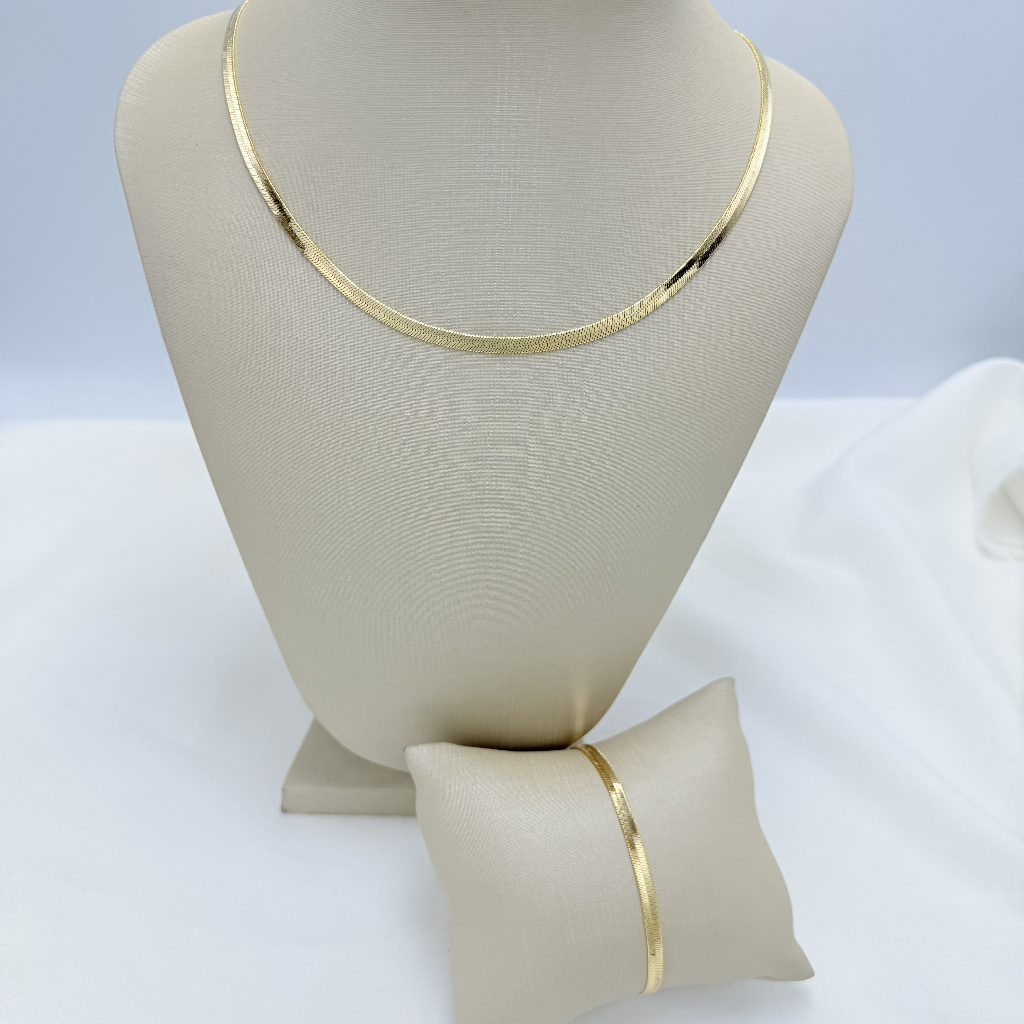 Conjunto Feminino Colar de Osso de Cobra Laminado e Pulseira Corrente Banhados a Ouro 18k e prata 925