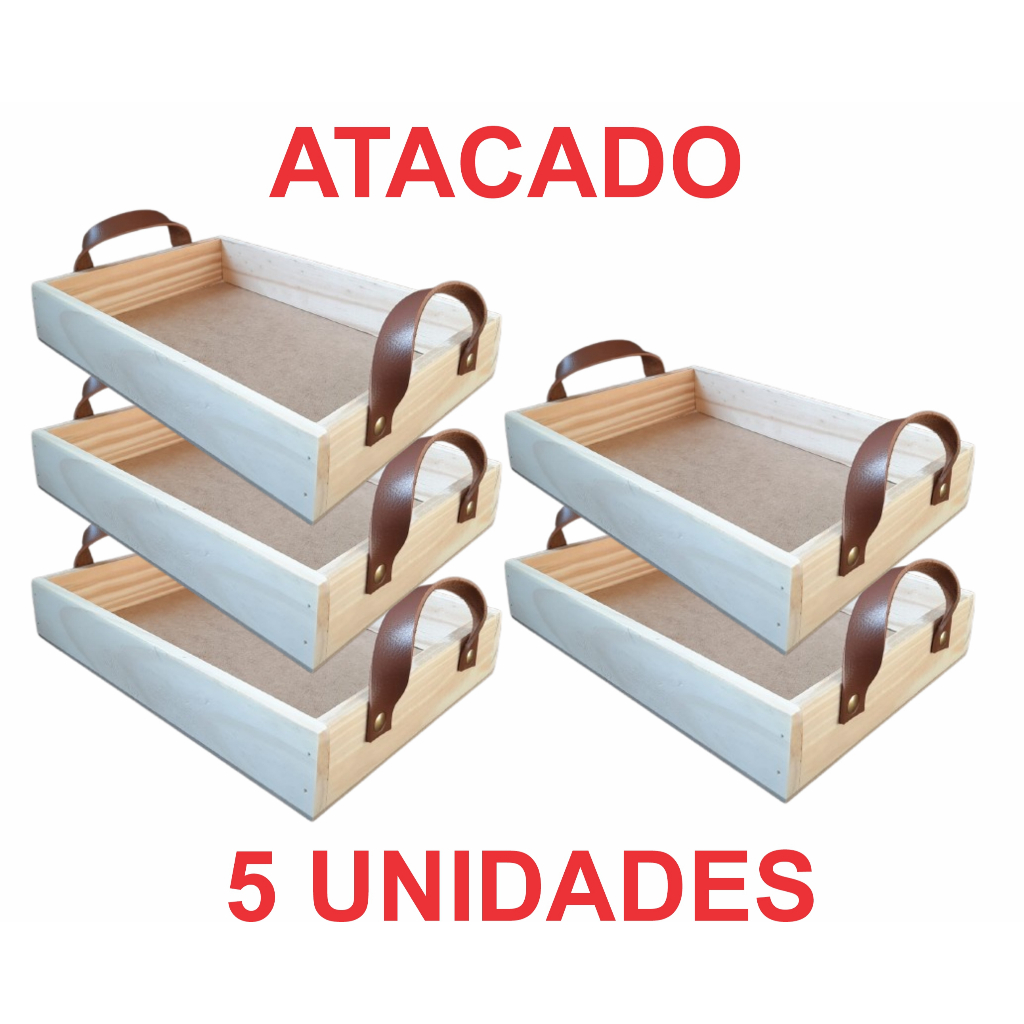 KIT 5un Milão bandeja 32x22cm - em madeira pinus com alça em couro