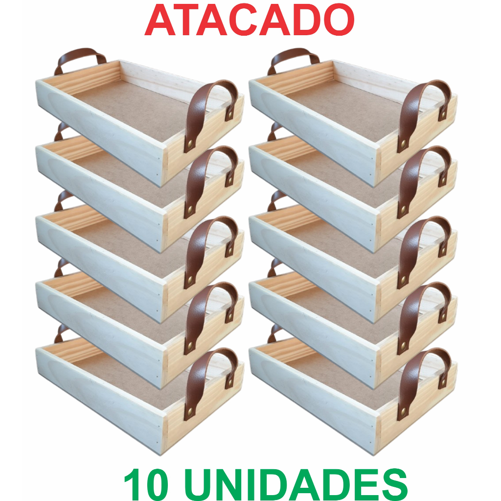 KIT 10un - Bandeja Milano em pinus com alça em couro - altura 5cm