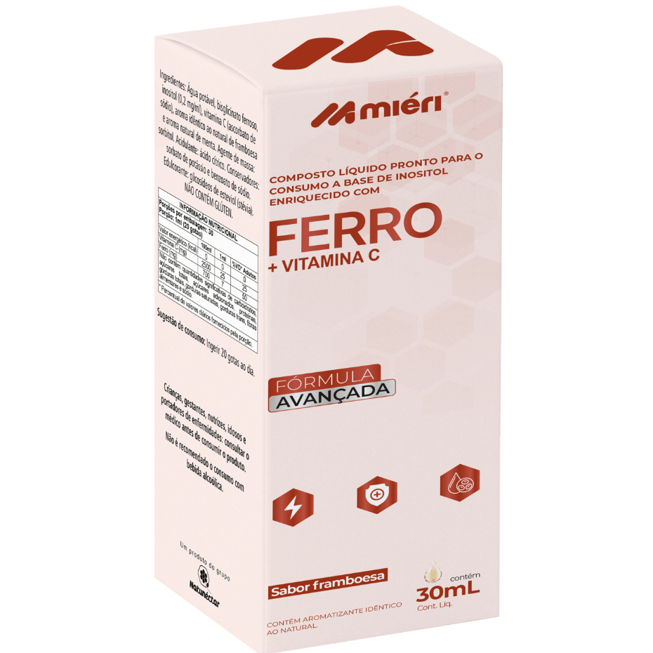 Ferro + Vitamina C em Gotas 30ml Inositol Enriquecido com Ferro - Sabor Framboesa