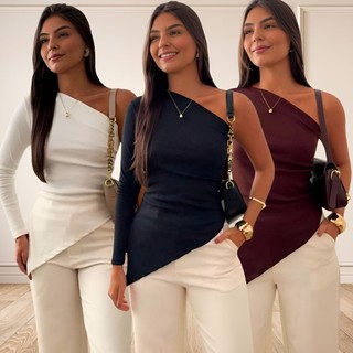 Blusinha Manga Longa Assimétrica Um Ombro Mula Manca Basica Blusa Ribana Elegante Caimento perfeito