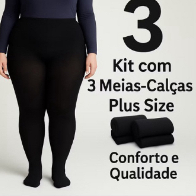 Kit até 3 pçs Meia calça feminina PLUS SIZE com pé fio 80 segunda pele térmica peluciada flanelada