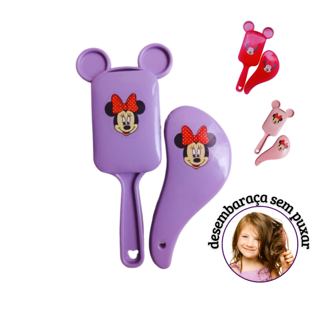 Escova Infantil Minnie Orelinha + Escova Mágica Desembaraçadora e Antifrizz 5 Cores Disponiveis