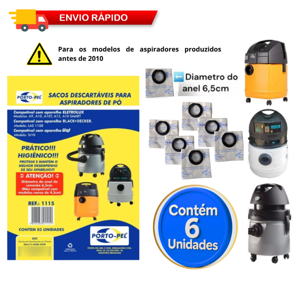 6 Sacos Aspirador Electrolux A10 - A9 - A13 - A10S Smart Modelo Antigo St10 LAS1100 Oferta