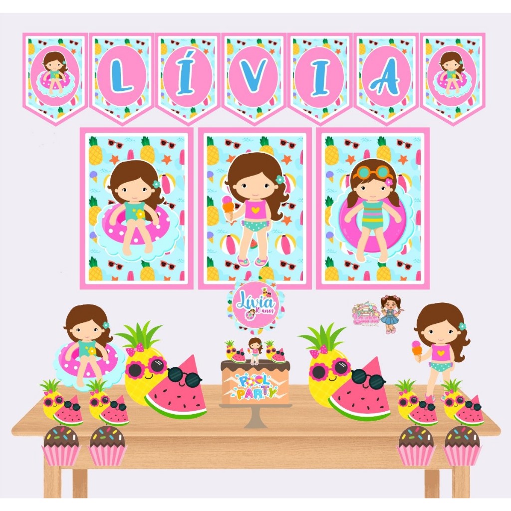 Kit festa só um bolinho Pool Party Personalizados - Festa infantil - Decoração de Aniversario - Lembrancinhas