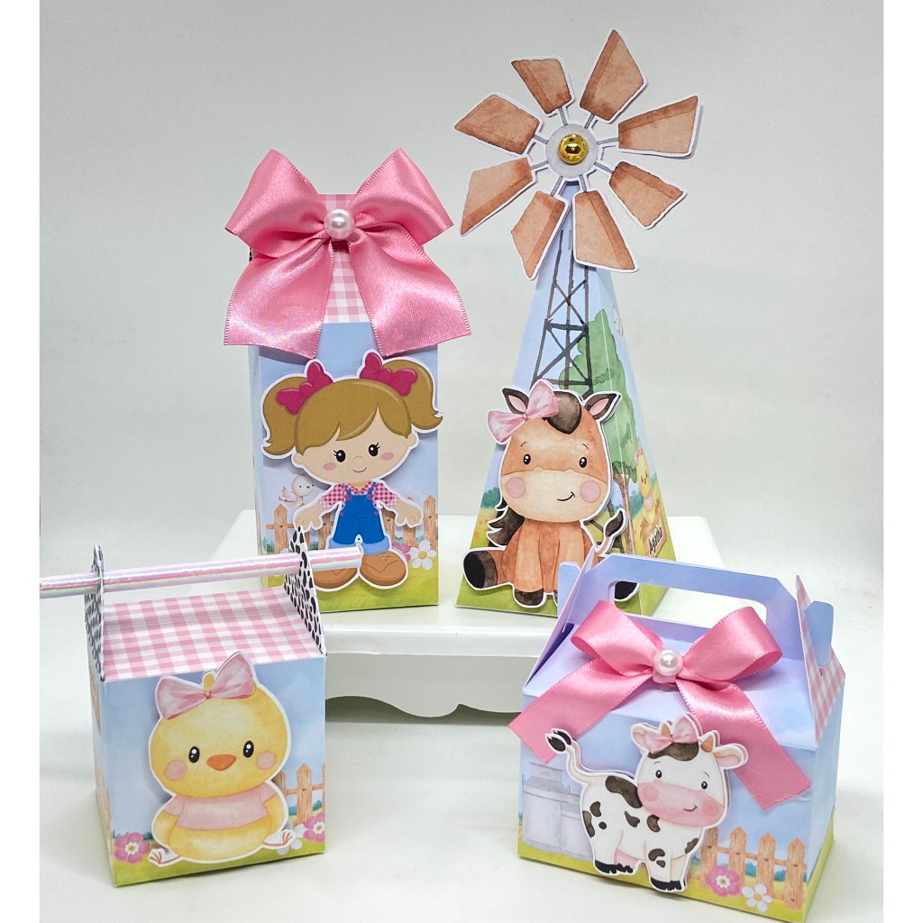 Kit Festa Fazendinha Menina / Lembrancinhas / Caixinhas Personalizadas / Festa / Aniversário / Caixa Milk Pirâmide
