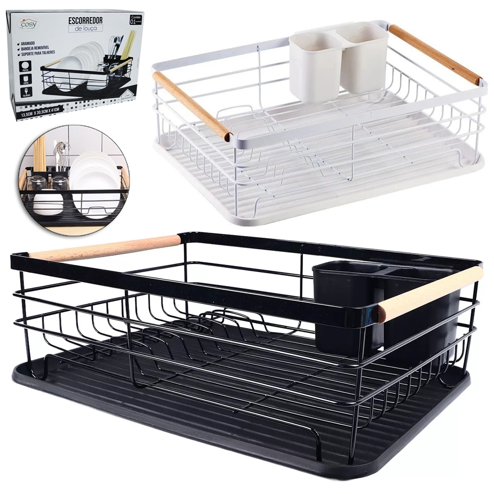 Escorredor Secador de Pratos e Copos Aramado com Bandeja + Porta Talheres Plástico – 41x30,5x13,5cm