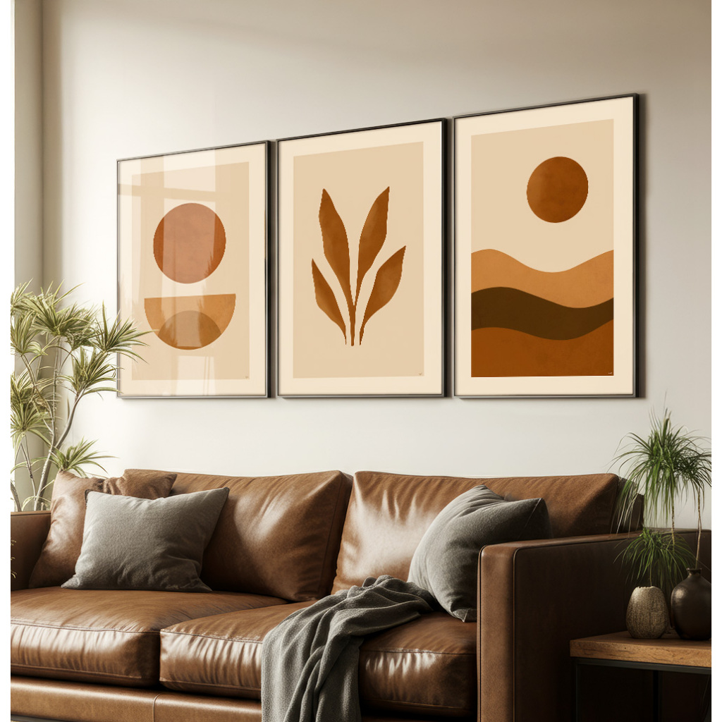 Quadro Decorativo GRANDE Com Moldura Filete E Vidro Sala Quarto Escritório Trio Abstrato Sol Terroso em Oferta na Shopee