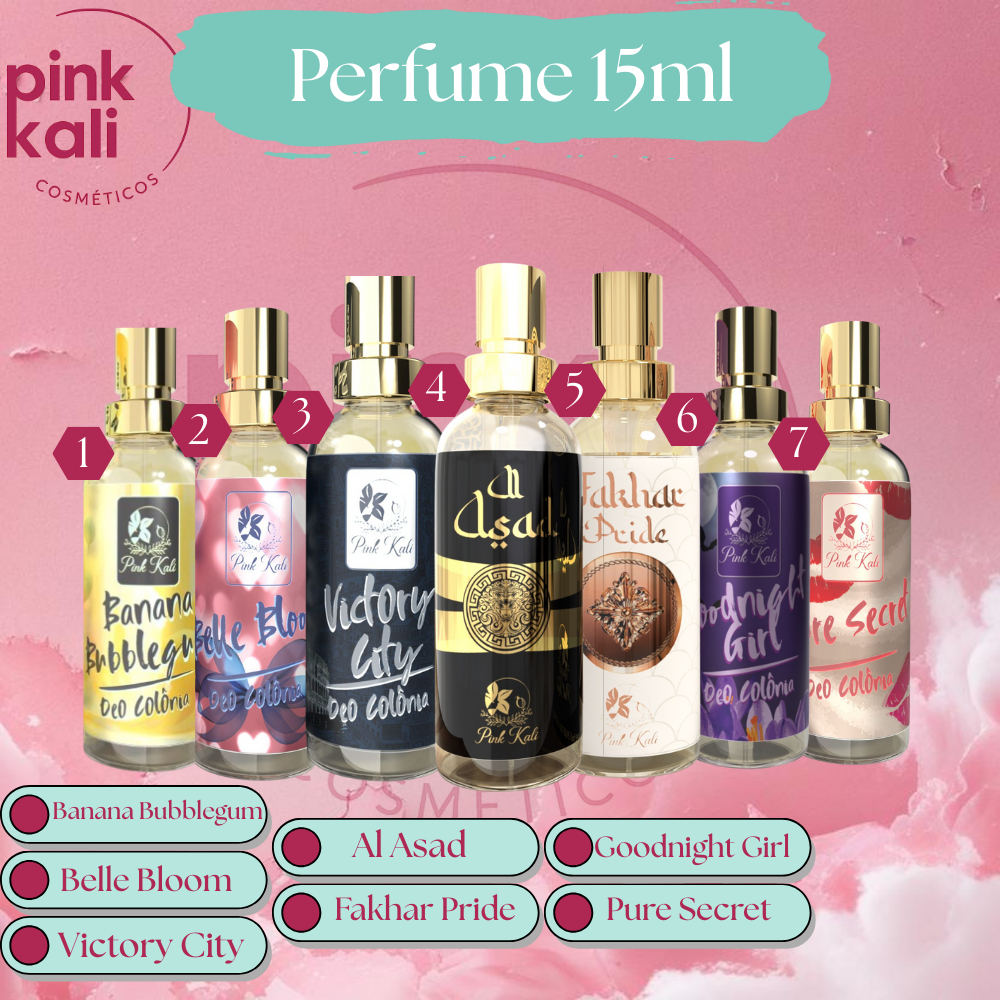 Escolha o seu: Pink Kali Perfume Deo Colonia 15ml - arabe perfume viagem unissex feminino masculino asad fakher rose