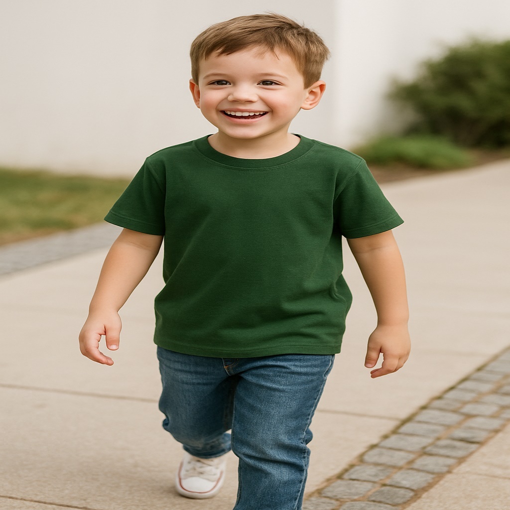 camiseta lisa verde musgo militar infantil unissex manga curta 100% algodão com tamanhos de 2 a 16