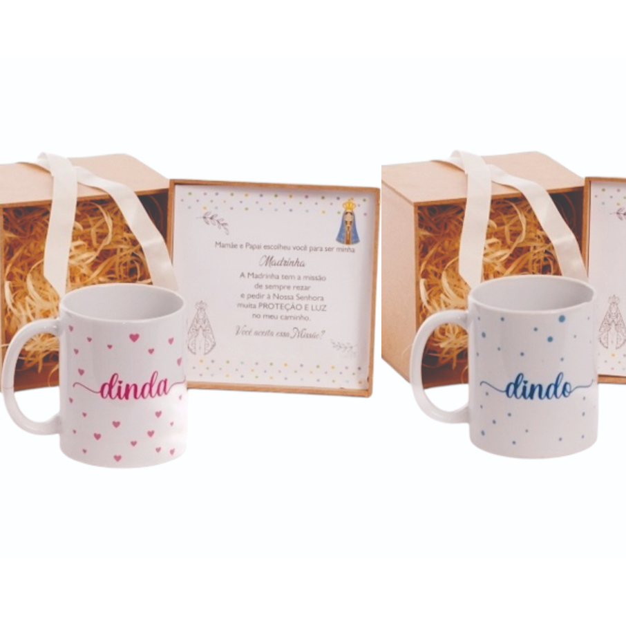 Kit 2 Convites 2 Caneca Brinde 2 Caixa MDF Padrinhos Batismo Personalizado Xícara