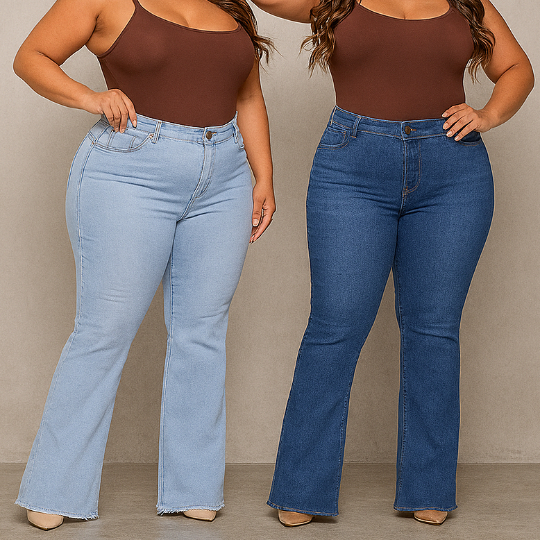 Calça Jeans Flare Plus Size Feminina Cintura Alta – Modela o Corpo com Conforto | Tamanhos...