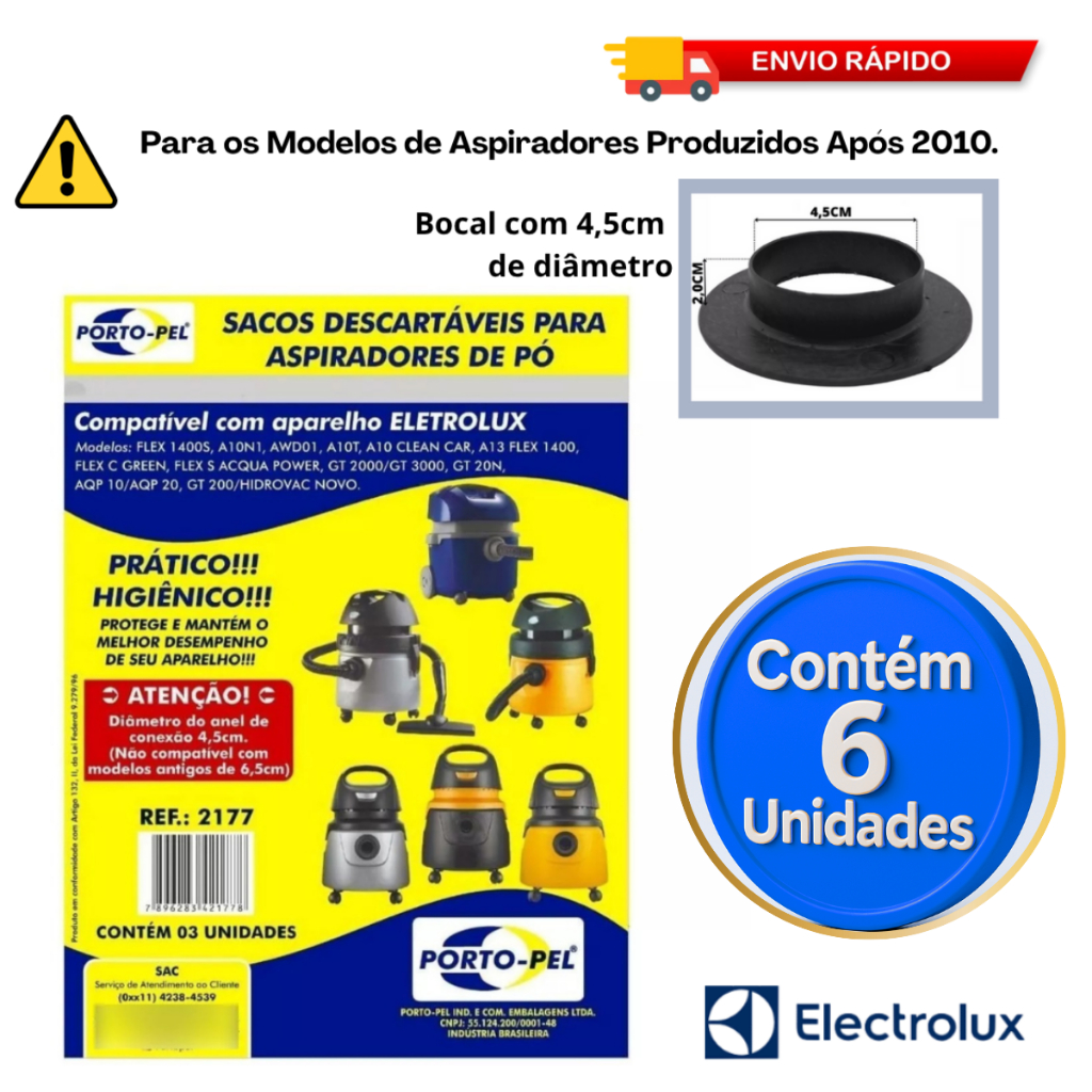 6 Sacos Para Aspirador Pó Electrolux Flex1400 Awd01 Aqp10 Aqp20  Acqua Power A10T GT2000 Gt30n A10n1
