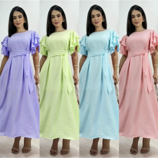 Vestido Midi  com Cinto e Mangas Babado – Elegante para Todas as Ocasiões tamanho M G GG 05 em Oferta na Shopee