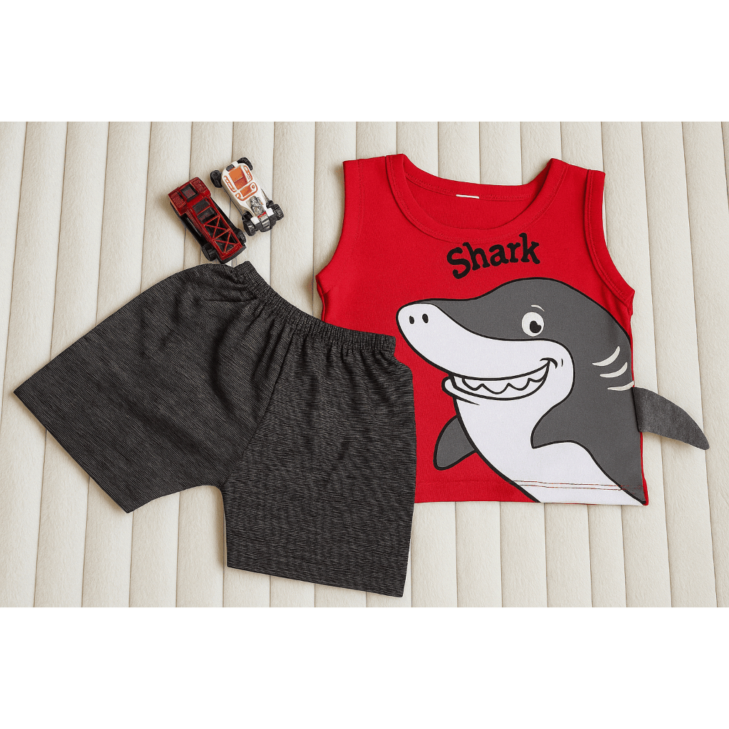 Conjunto Short Camiseta Regata Estampa Tubarão Prancha De Surf Infantil Bebe Menino Masculino Verão