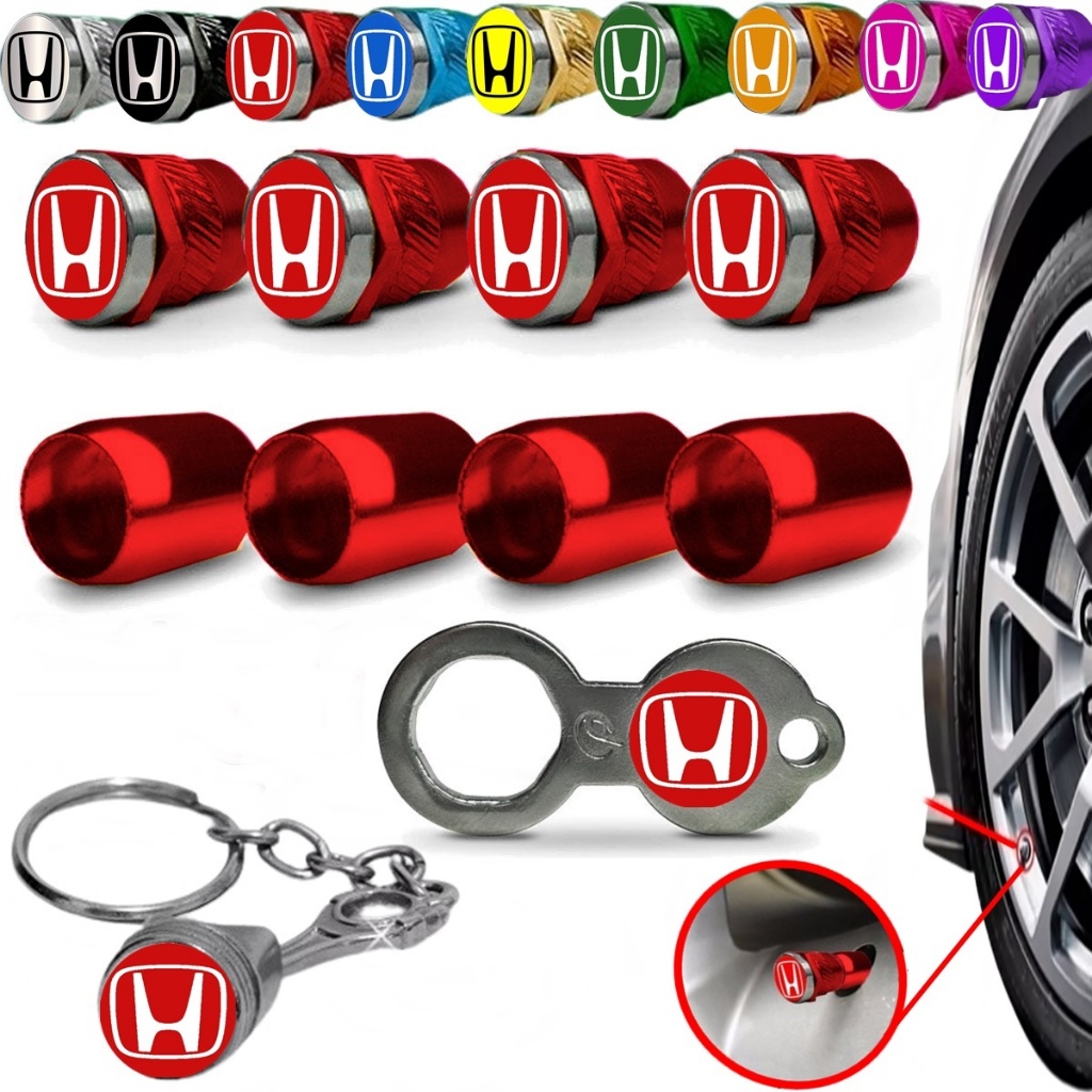 Capa e Tampa para Válvula de Pneu modelo Anti furto Vermelho da Honda com Chaveiro Pistão