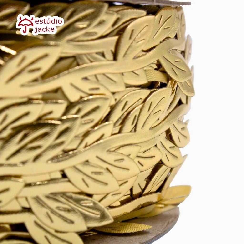 Fita Decorativa de Folhas 20mm em Poliéster – Cor Dourada, Prata e Verde | Para Laços, Tiaras e Artesanato Luxuoso