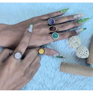 Anel aço inoxidável Ajustável Semijóia pedra natural - ametista, lápis lazuli, quartzo rosa em Oferta na Shopee