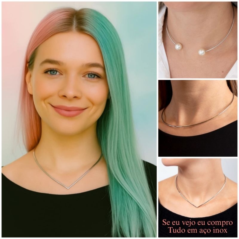 Choker fio aro V aço inox cirúrgico colar gargantilha minimalista prata antialérgica pérola em Oferta na Shopee