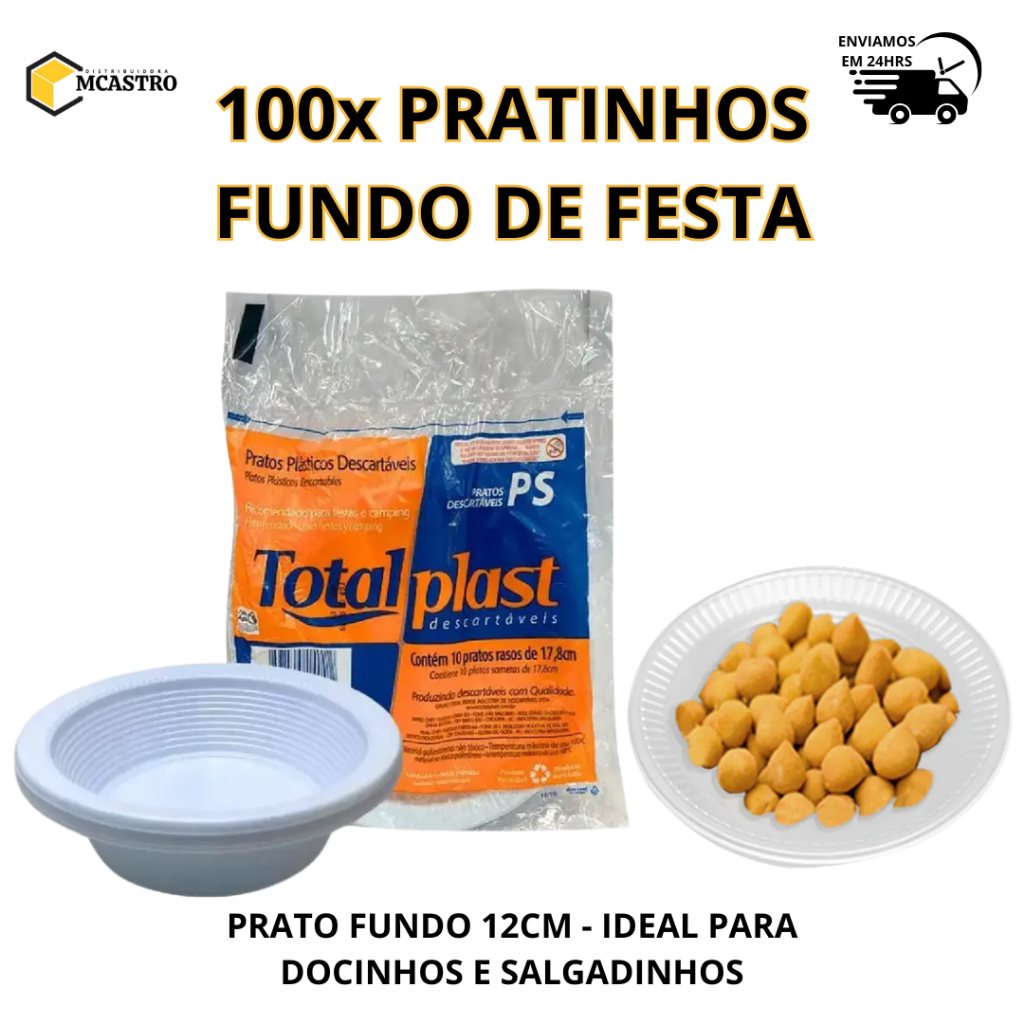 Kit 100x Pratos Descartaveis Fundos 12cm - Totalplast - Ideal para Docinhos e Salgadinhos