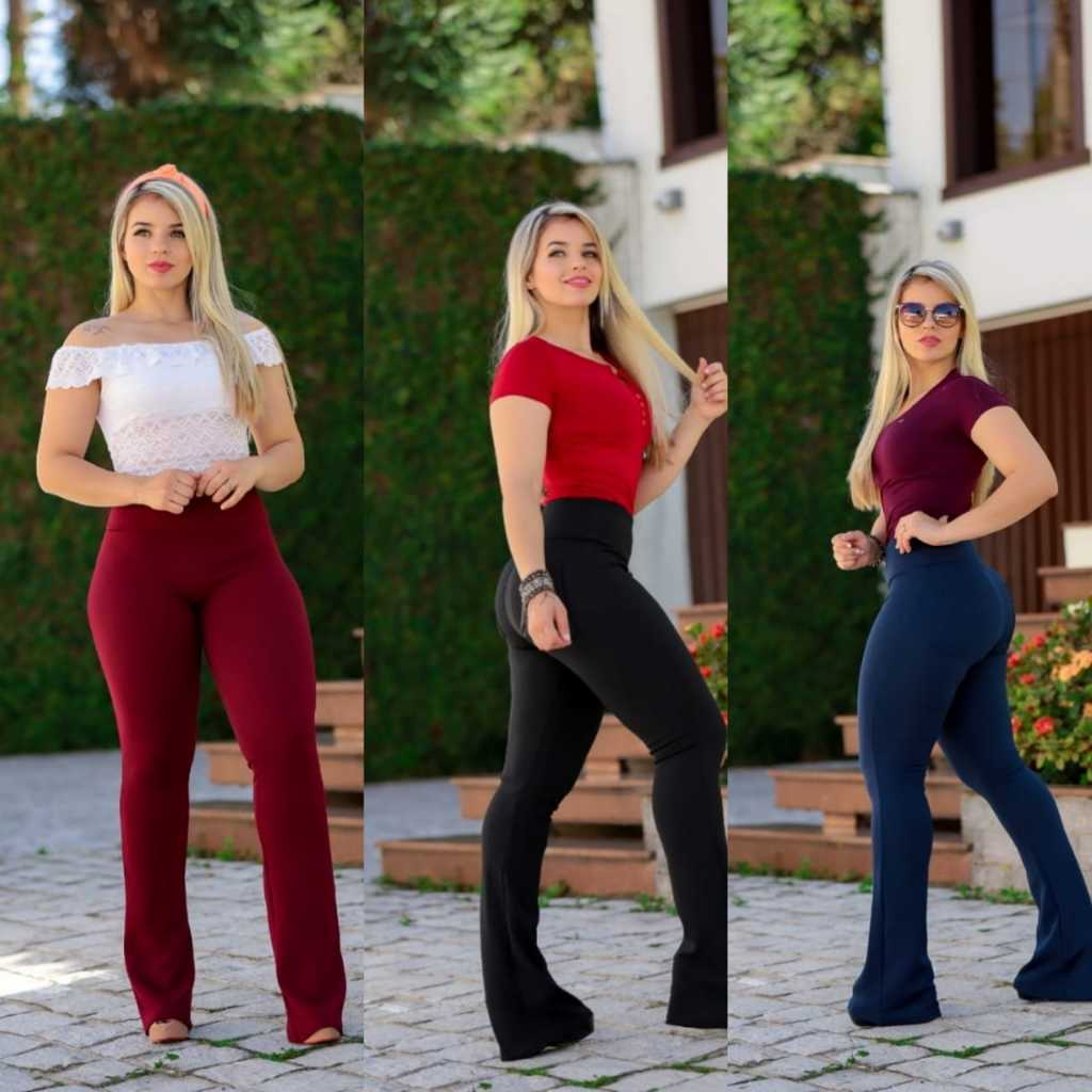 Calça Flare Bailarina Cintura Alta Cós Largo Modela o Corpo BOLSOS  ATRÁS Malha Crepe em Oferta na Shopee
