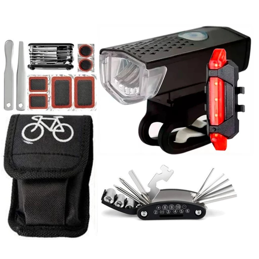 Kit de Farol lanterna+Pisca Traseiro Usb Recarregável+ Kit reparo Ferramentas. Manutenção Remendos Pneus Bike Bolsa + ch