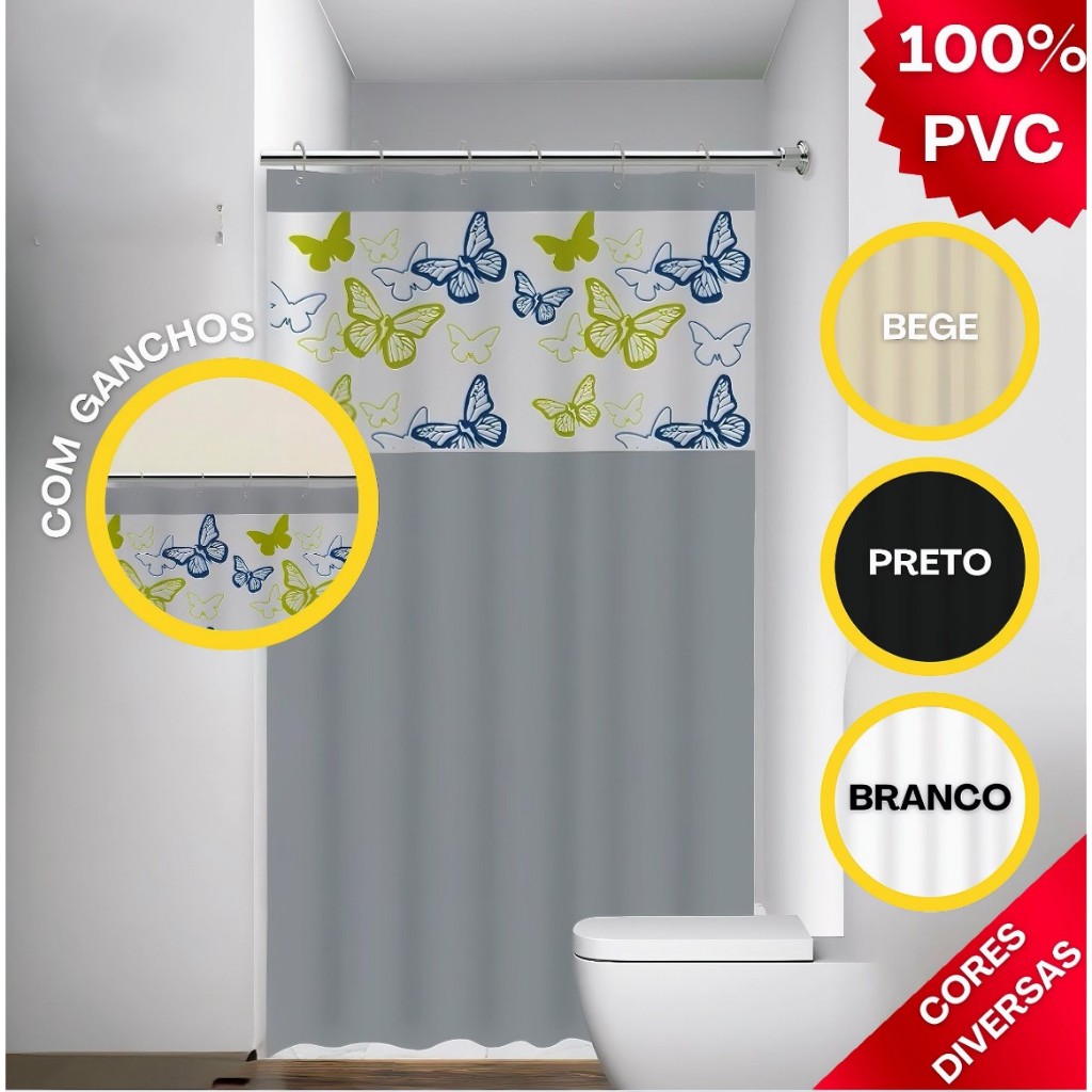 Cortina Box Banheiro c/ Visor – Estampa Borboleta Papillon | PVC Resistente, Antimofo, Impermeável, com Ganchos