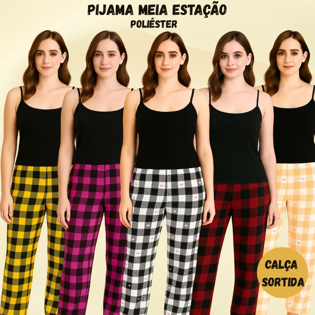 01 CONJUNTO PIJAMA MEIA ESTAÇÃO BLUSA DE ALCINHA PRETA E CALÇA XADREZ SORTIDA