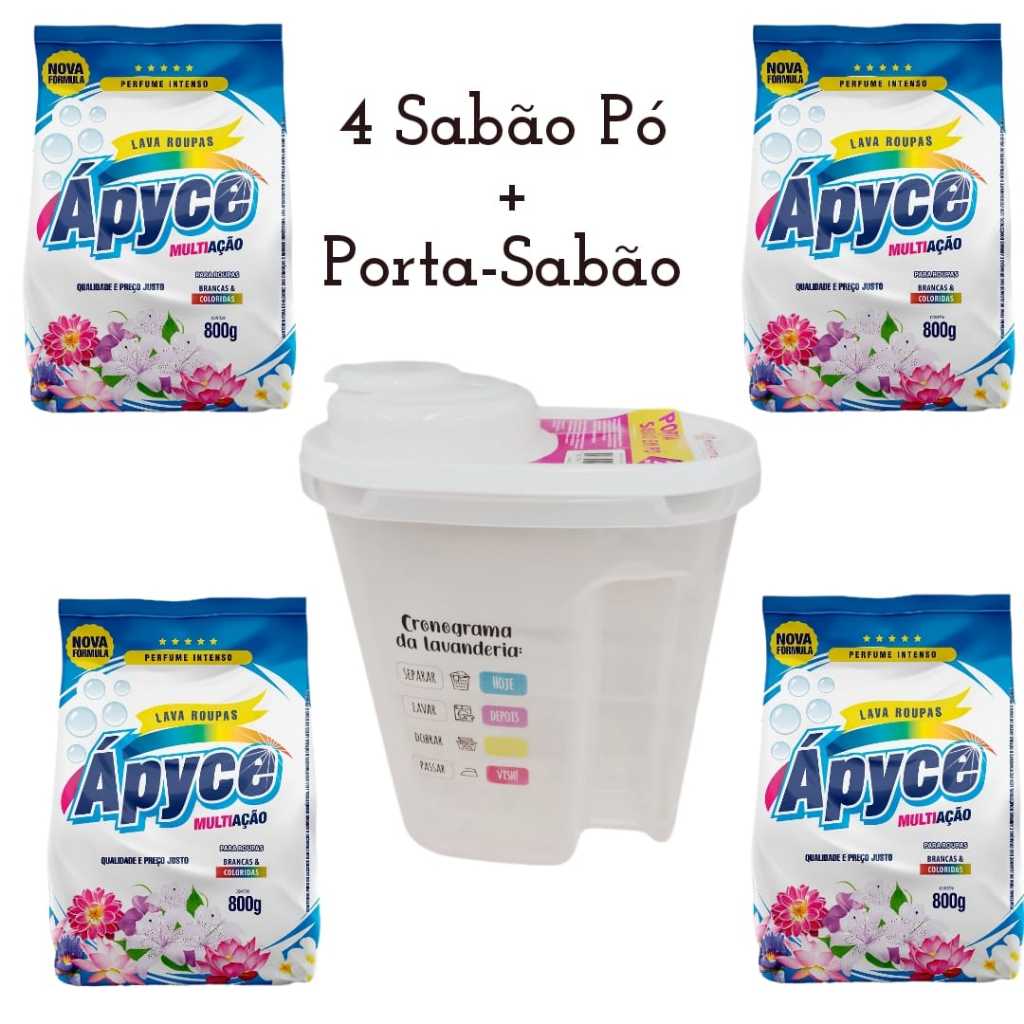Kit 1 Porta Sabão + 4 Lava Roupas em Pó Sabão em Pó Apyce 800gr em Oferta na Shopee