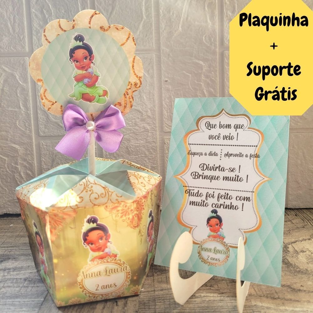 Centro de Mesa Princesa Tiana Baby Cute + Plaquinha Grátis Cachepô Personalizado Enfeite p/Festa Arranjo Lembrancinha