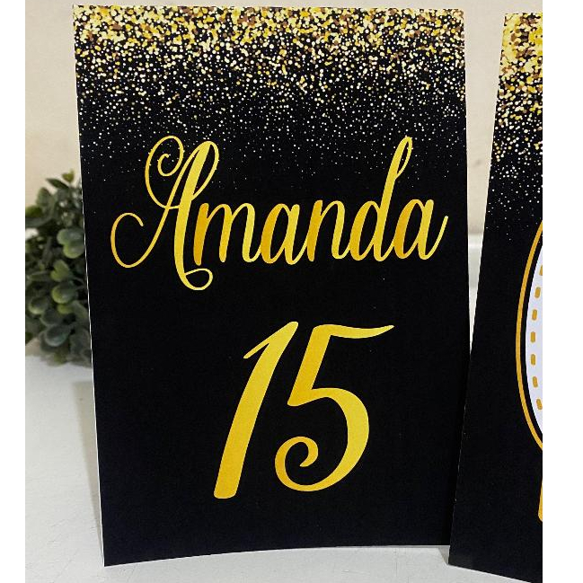 Plaquinha de agradecimento 15 ANOS DOURADO E PRETO- Centro de mesa (produzimos todos os tema)