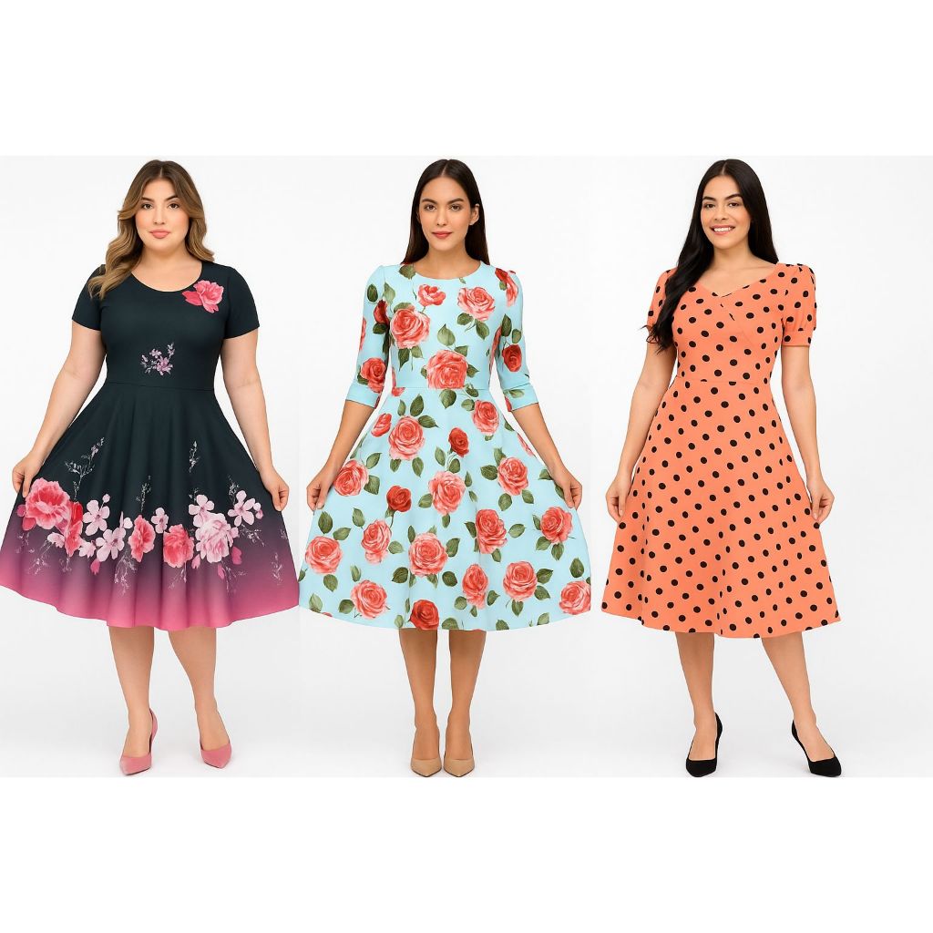 VESTIDO VERÃO ESTAMPADO 3D MODA EVANGÉLICA MIDI BOLINHAS POÁ FLORAL FLORES ROSAS RODADO SOLTINHO GODÊ BABADO