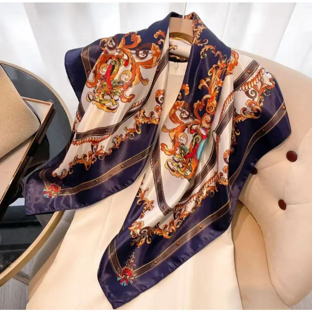 Lenço de Cetim 90x90cm Estilo Barroco Luxuoso | Estampa Vintage Elegante para Cabeça e Pescoço em Oferta na Shopee