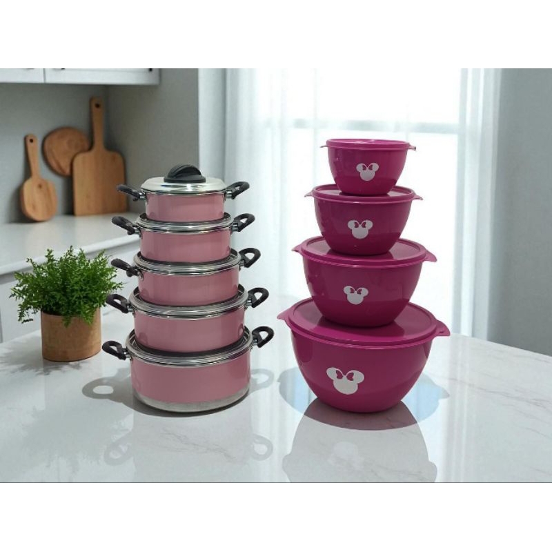 JOGO DE PANELAS 5 PEÇAS + 4 POTES DECORADOS em Oferta na Shopee