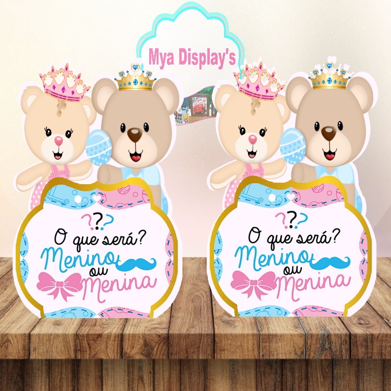 Ursinhos cha revelação , CENTRO DE MESA PERSONALIZADO COM NOME kit festa displays envio rapido