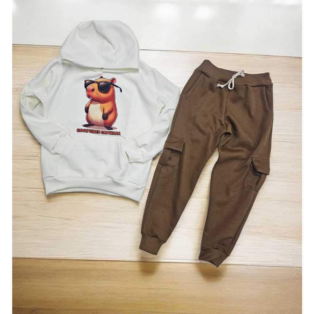Conjunto moletom blusa off calca cargo marrom savana capivara