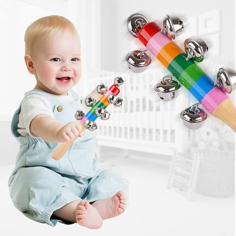 Chocalho de Guizos Sensorial Instrumento Musical Infantil Cabo de Madeira 19cm Brinquedo Educativo em Oferta na Shopee