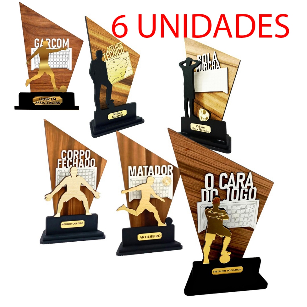 KIT 06-07-08-10 16 Troféus Melhor Goleiro - Artilheiro - Melhor Jogador - Melhor Técnico Acrílico MDF