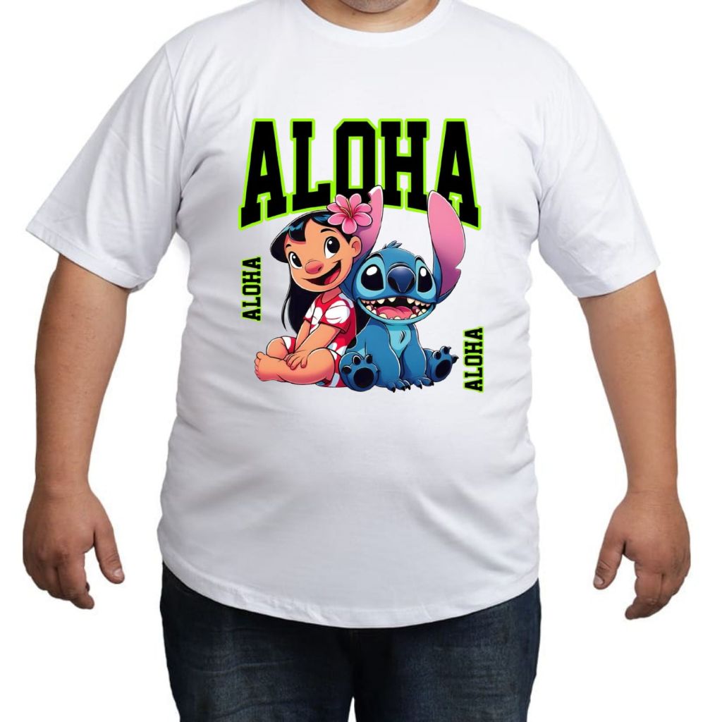 Camisetas para família, festa de aniversário, tamanho grande, plus size e infantil, na cor branca com estampa do Stitch.