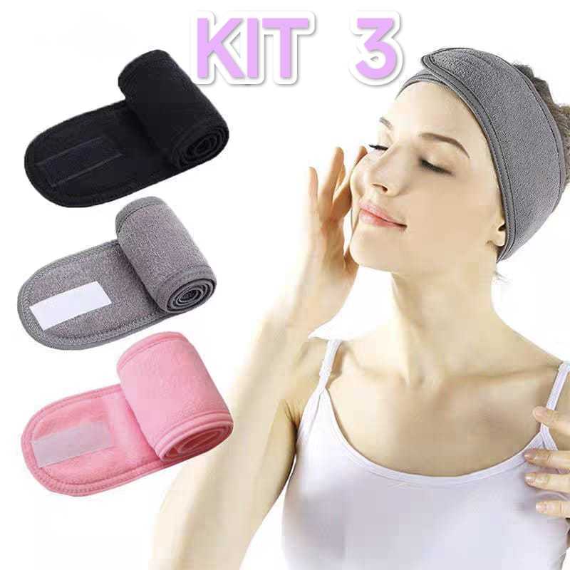 Kit 3 Faixa de cabelo Atoalhada para Limpeza Facial Maquiagem